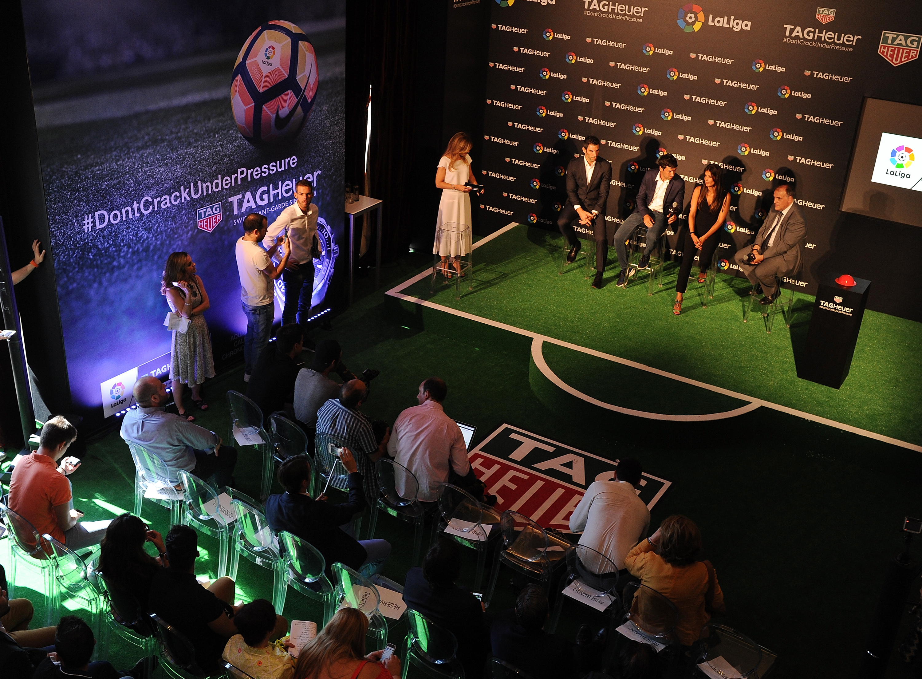 MADRID, SPAIN - JULY 13: (From L to R) Former players Fernando Sanz and Raul Gonzalez are accompanied by Blanca Panzano, Managing Director Spain of TAG Heuer and Javier Tebas, President of La Liga during the press conference to announce TAG Heuer as the Official Timekeeper and Official Sponsor of La Liga at the Royal Theatre on July 13, 2016 in Madrid, Spain. (Photo by Denis Doyle/Getty Images for Tag Heuer)