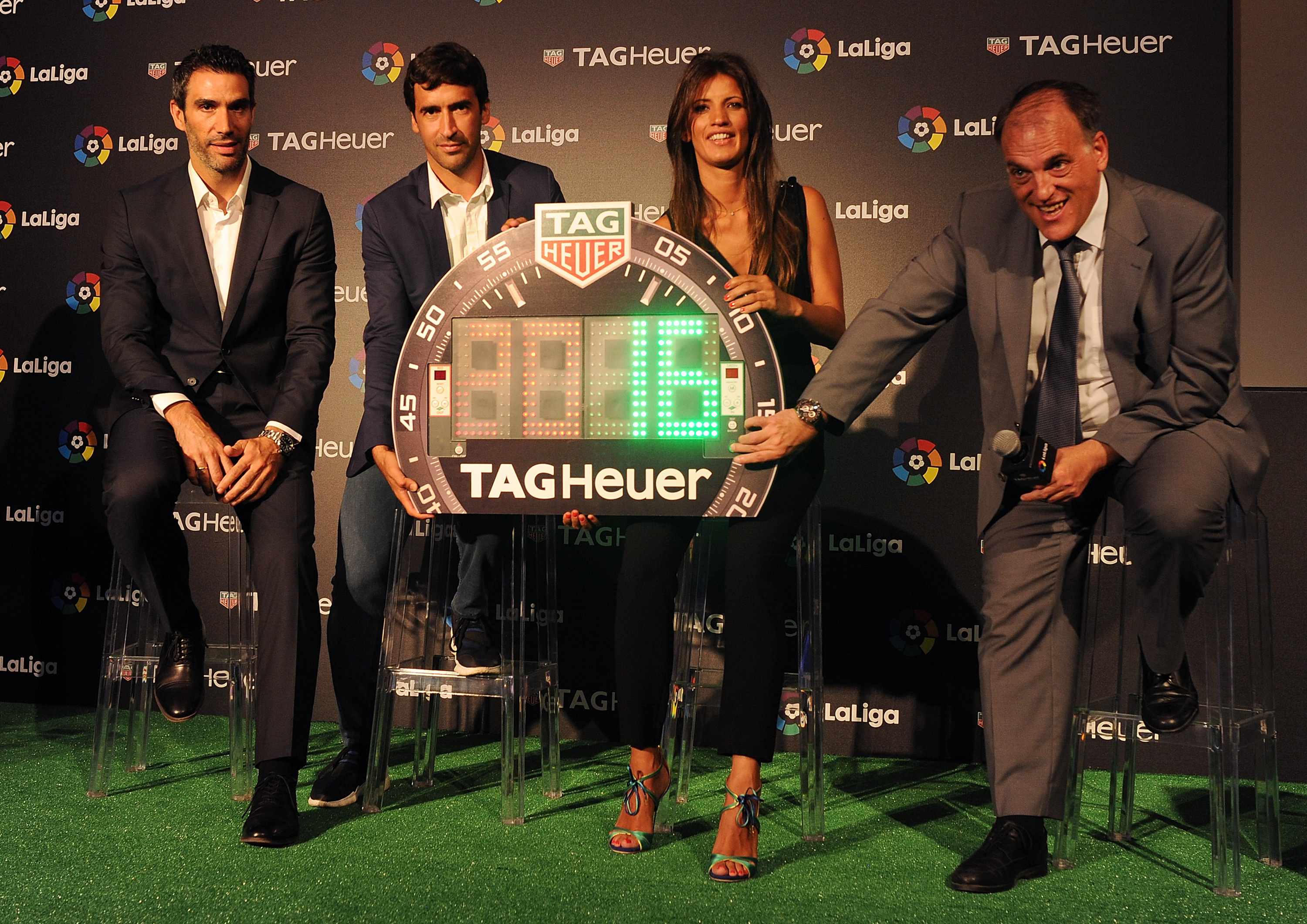 MADRID, SPAIN - JULY 13: (From L to R) Former players Fernando Sanz and Raul Gonzalez are accompanied by Blanca Panzano, Managing Director Spain of TAG Heuer and Javier Tebas, President of La Liga during the press conference to announce TAG Heuer as the Official Timekeeper and Official Sponsor of La Liga at the Royal Theatre on July 13, 2016 in Madrid, Spain. (Photo by Denis Doyle/Getty Images for Tag Heuer)